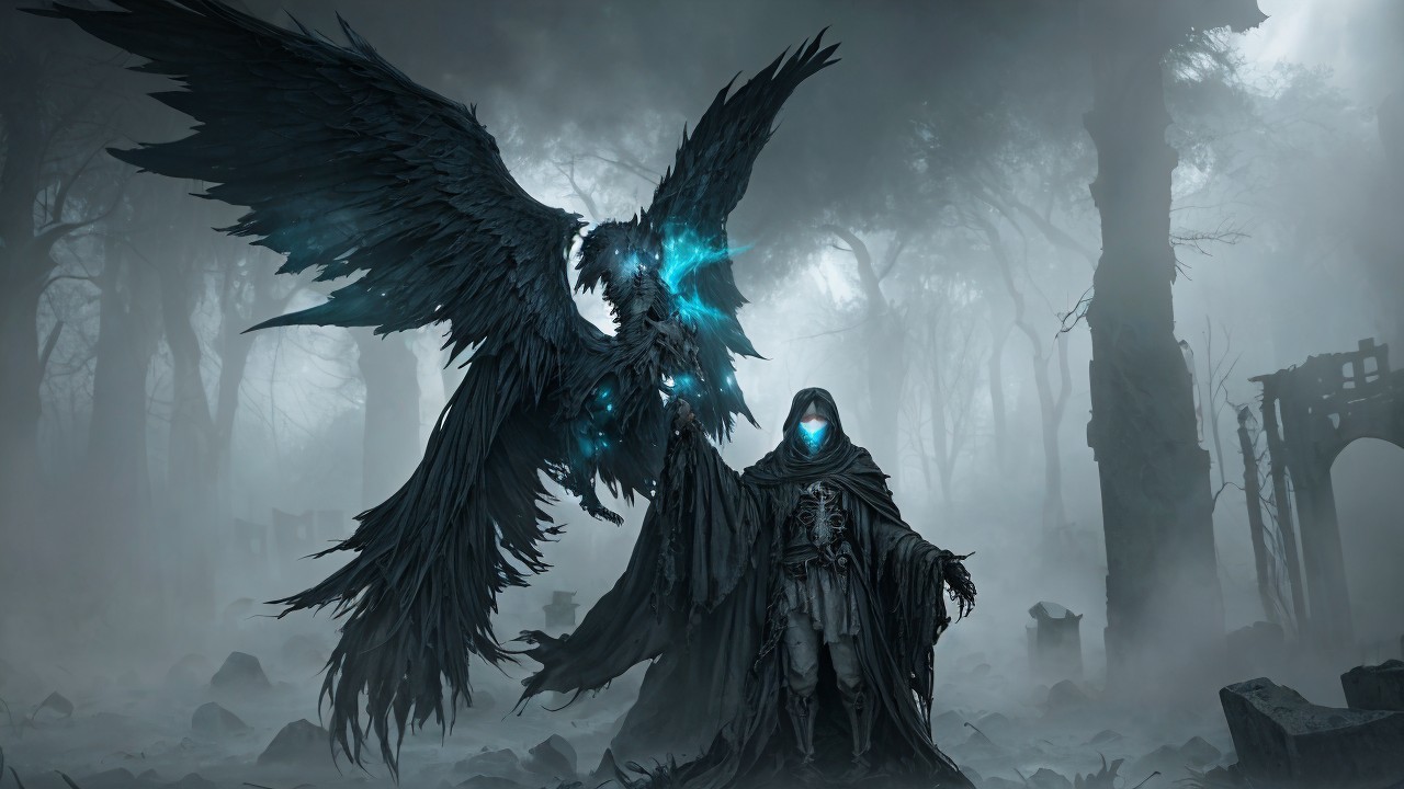Cloaked Figure and Glowing Creature in Misty Forest