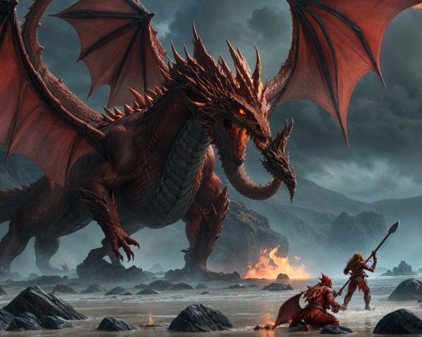 Colossal Red Dragon Confronts Knight in Rocky Landscape