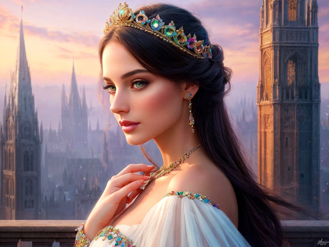 Regal Woman in Crown Against Majestic Sunset Backdrop
