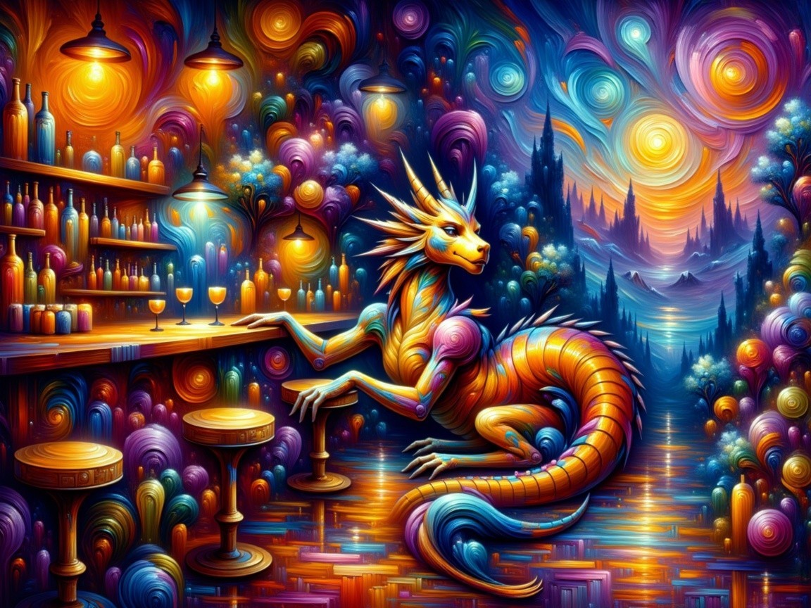Surreal Dragon at Colorful Bar in Enchanted Landscape