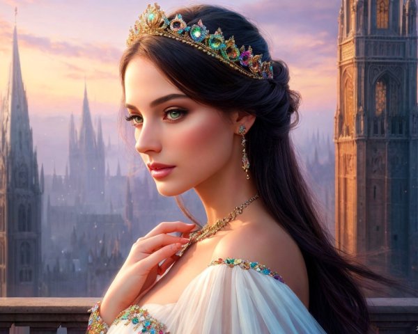 Regal Woman in Crown Against Majestic Sunset Backdrop