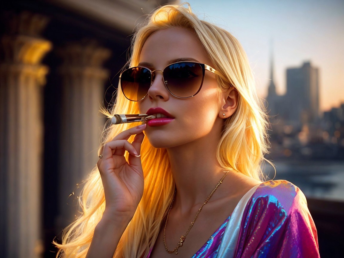 Glamorous Woman in Colorful Outfit Against City Skyline