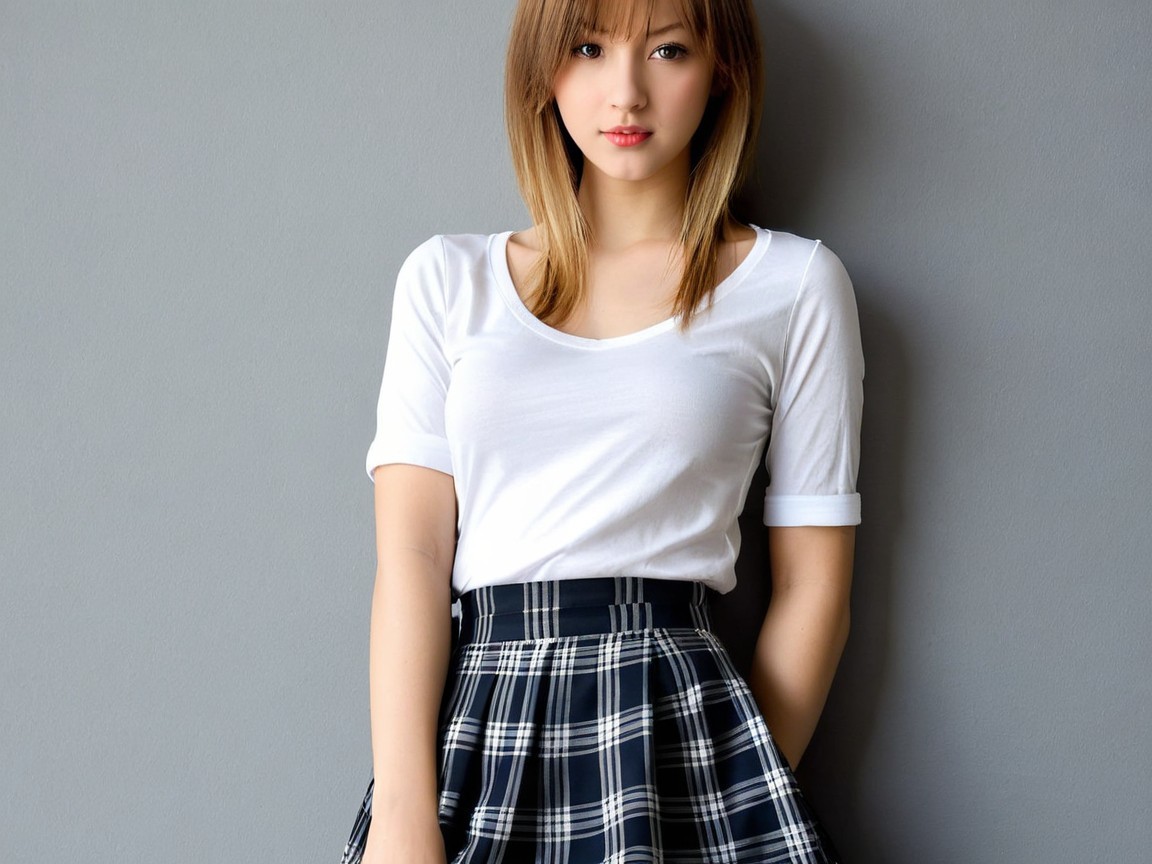 Young Woman in Stylish Outfit Against Gray Backdrop