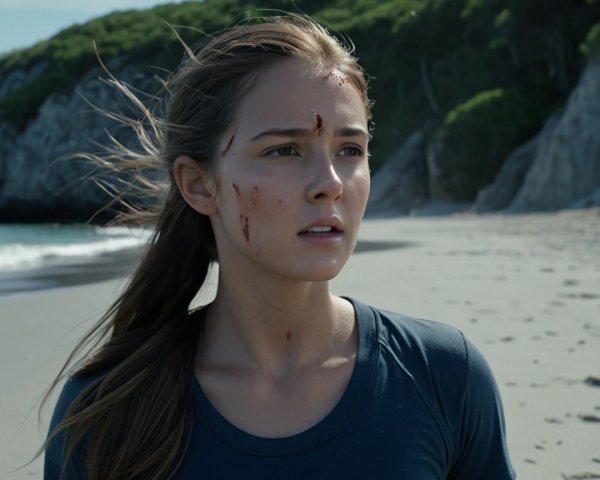 Young woman on beach with cuts and bruises, ocean view
