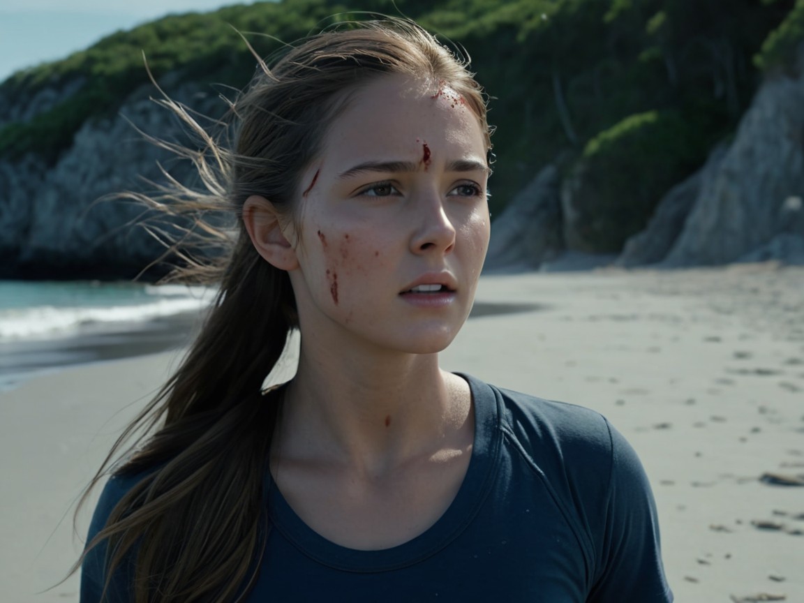 Young woman on beach with cuts and bruises, ocean view