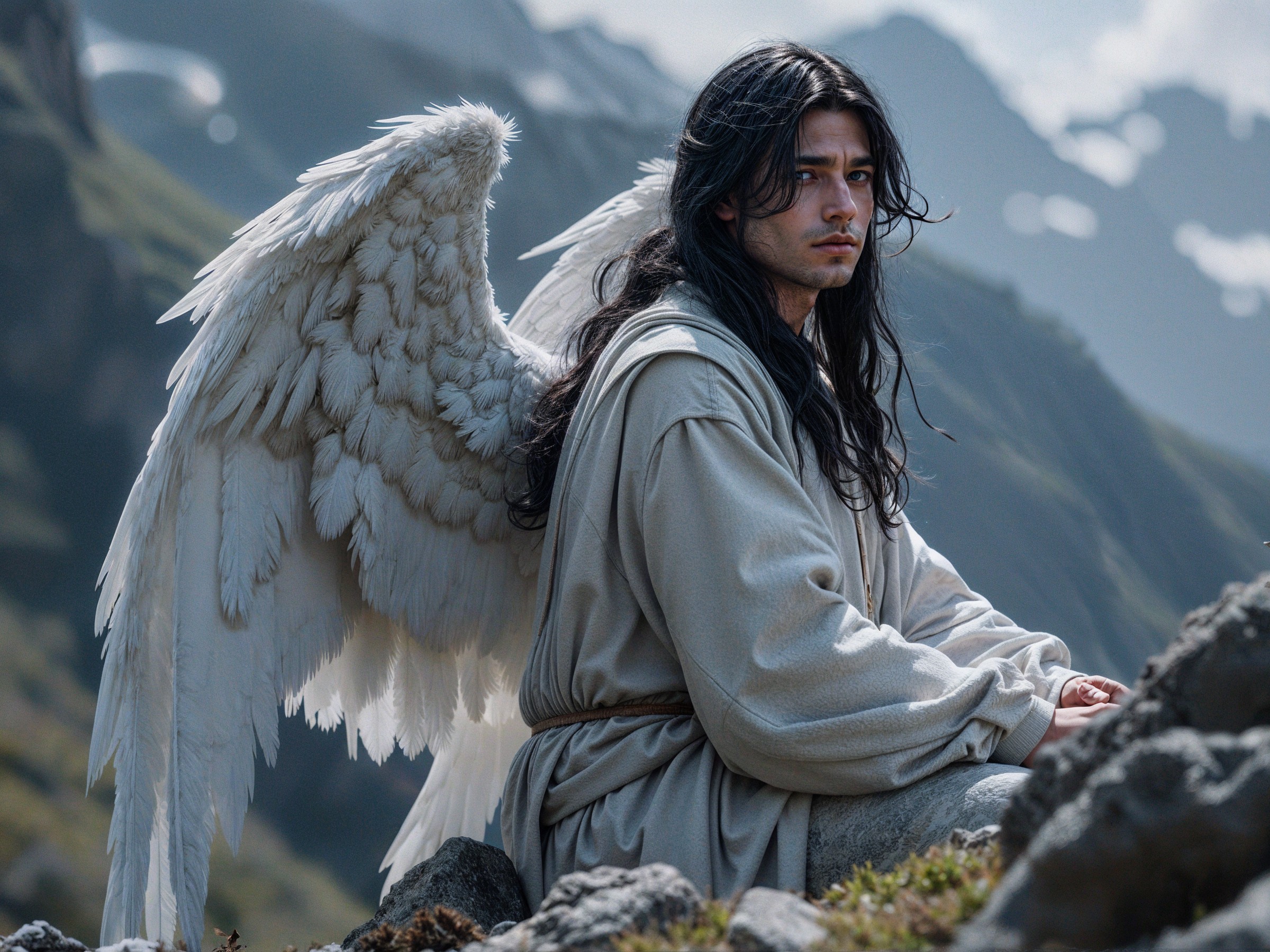 Contemplative Figure with Wings in Mountain Landscape