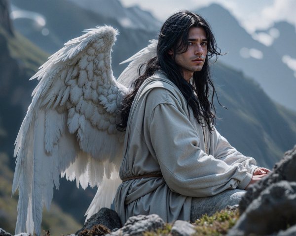 Contemplative Figure with Wings in Mountain Landscape