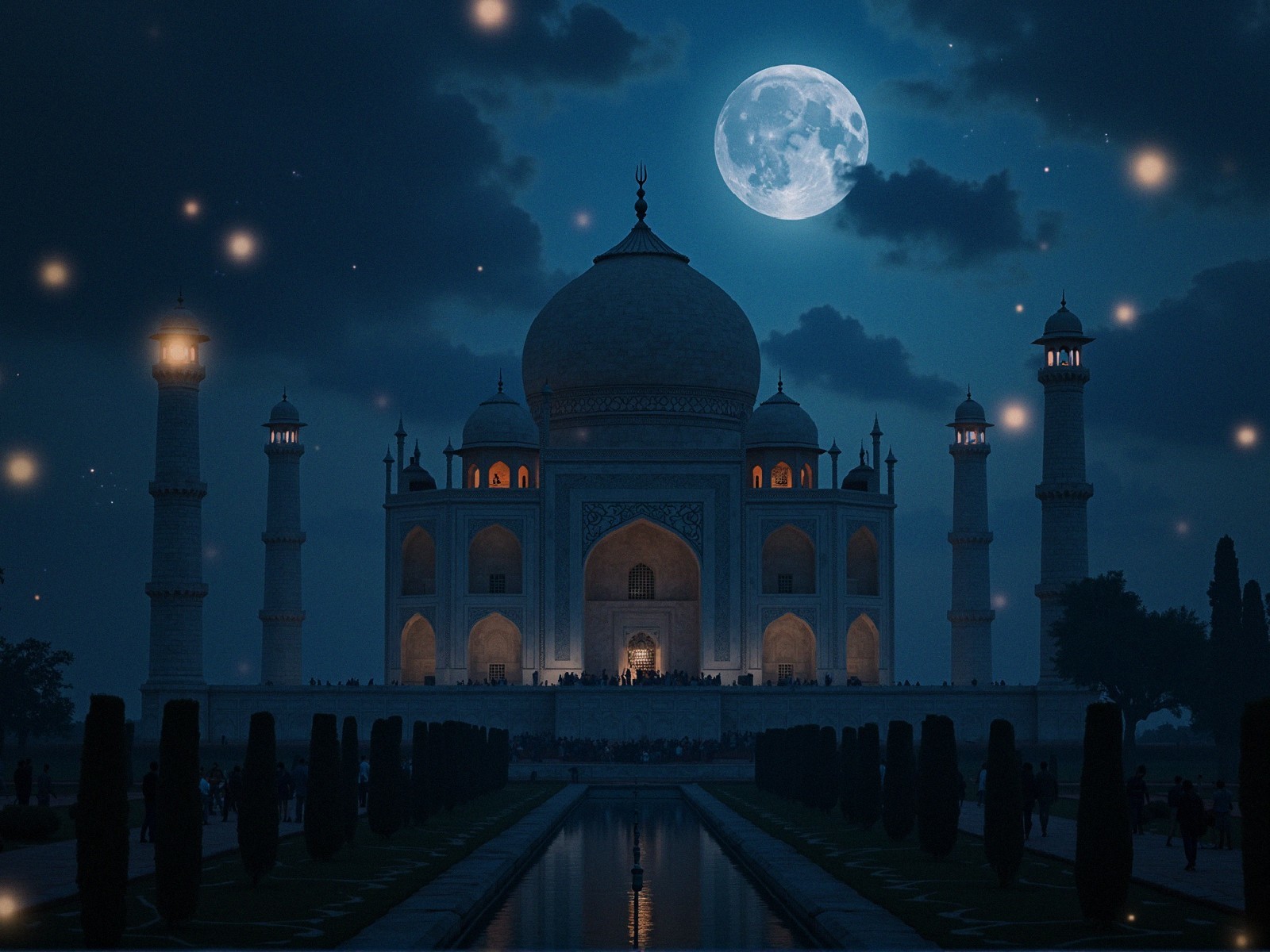 Taj Mahal at Night with Moon and Starry Sky
