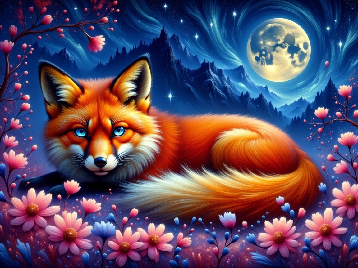 Fox Among Pink Flowers Under Starry Night Sky
