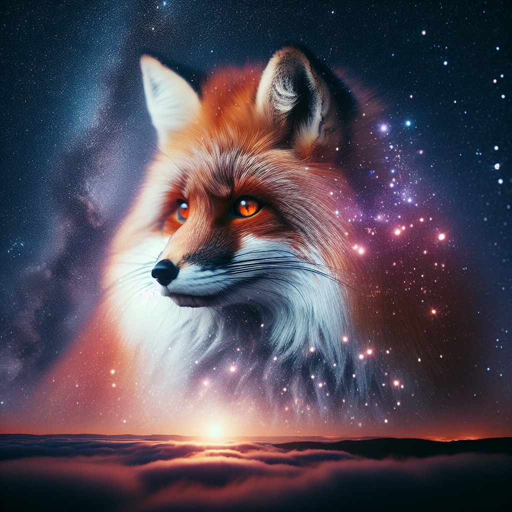Fox Face Against Cosmic Background with Stars and Galaxies