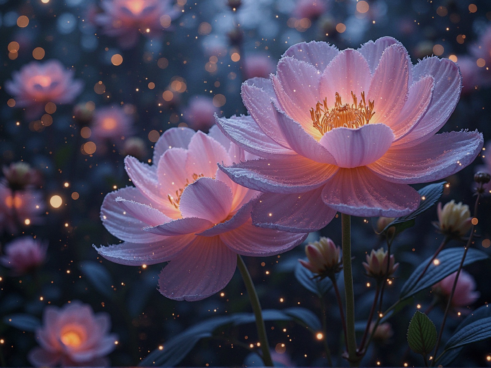 Serene garden scene with pink lotus flowers and droplets