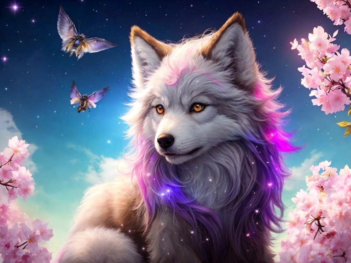 Regal fox with lavender mane among cherry blossoms