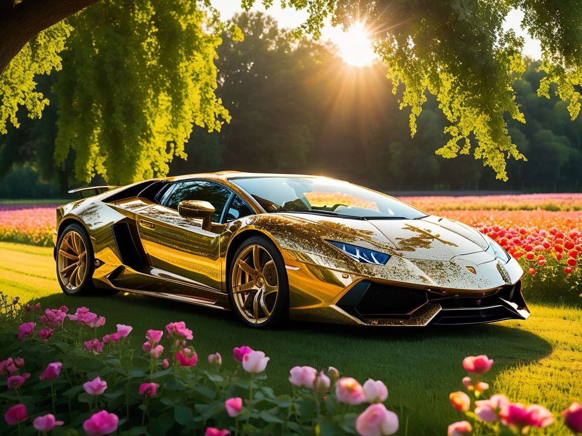 Gold Lamborghini in a Blooming Flower Field