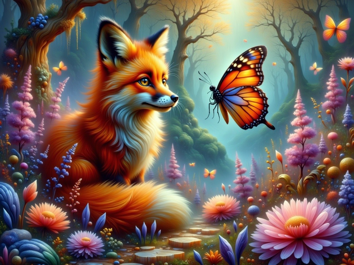 Curious orange fox in an enchanted forest setting