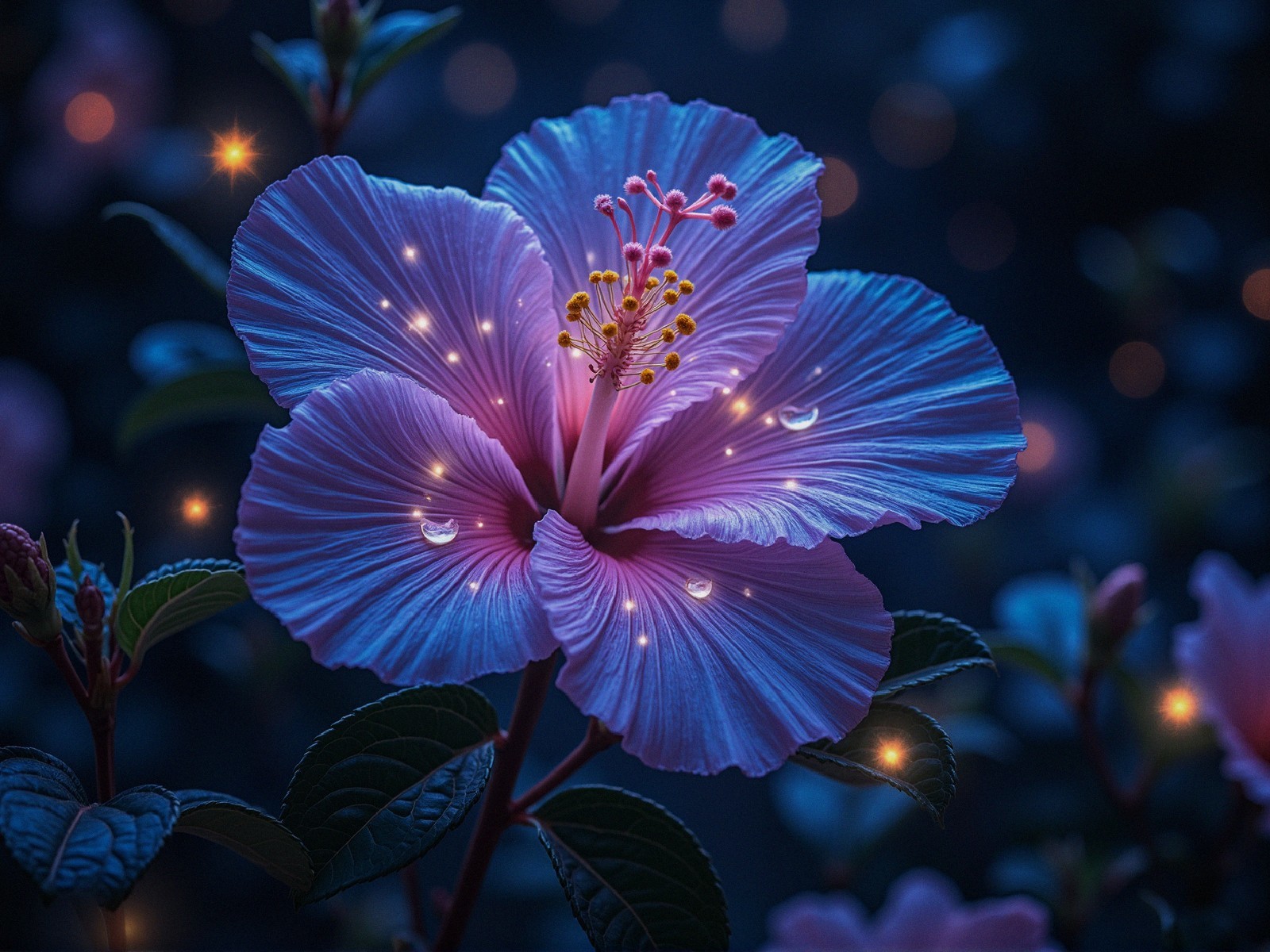 Twilight Hibiscus Flower with Dew Drops and Green Leaves