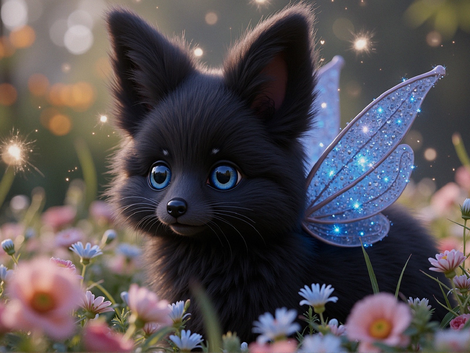 Fluffy Black Puppy with Fairy Wings in Flower Field