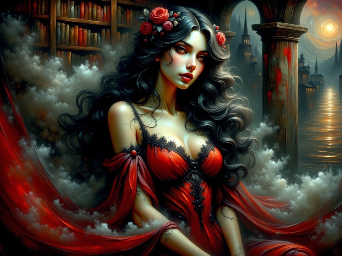 Woman in Red Gown Amidst Clouds and Library Setting