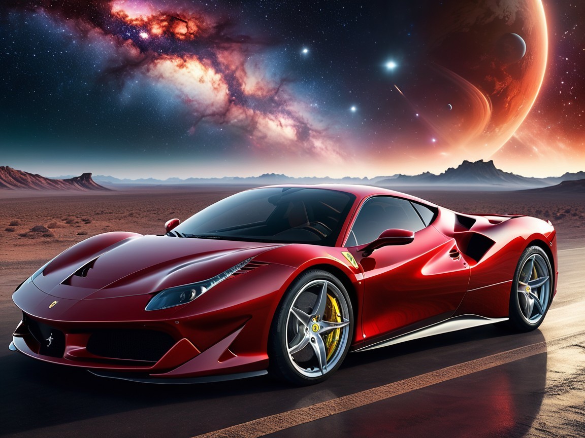 Red Ferrari Sports Car Against Cosmic Backdrop