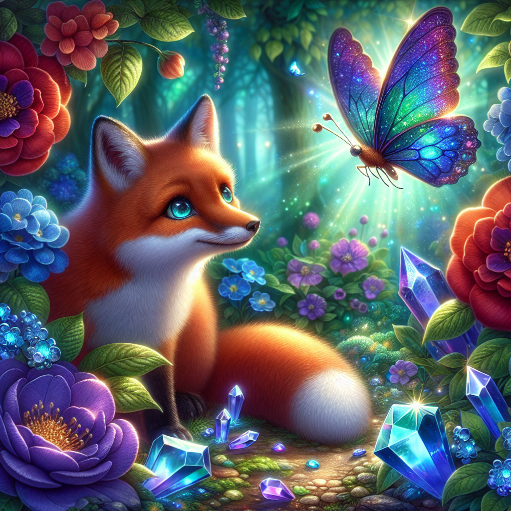 Enchanted forest scene with fox and butterfly