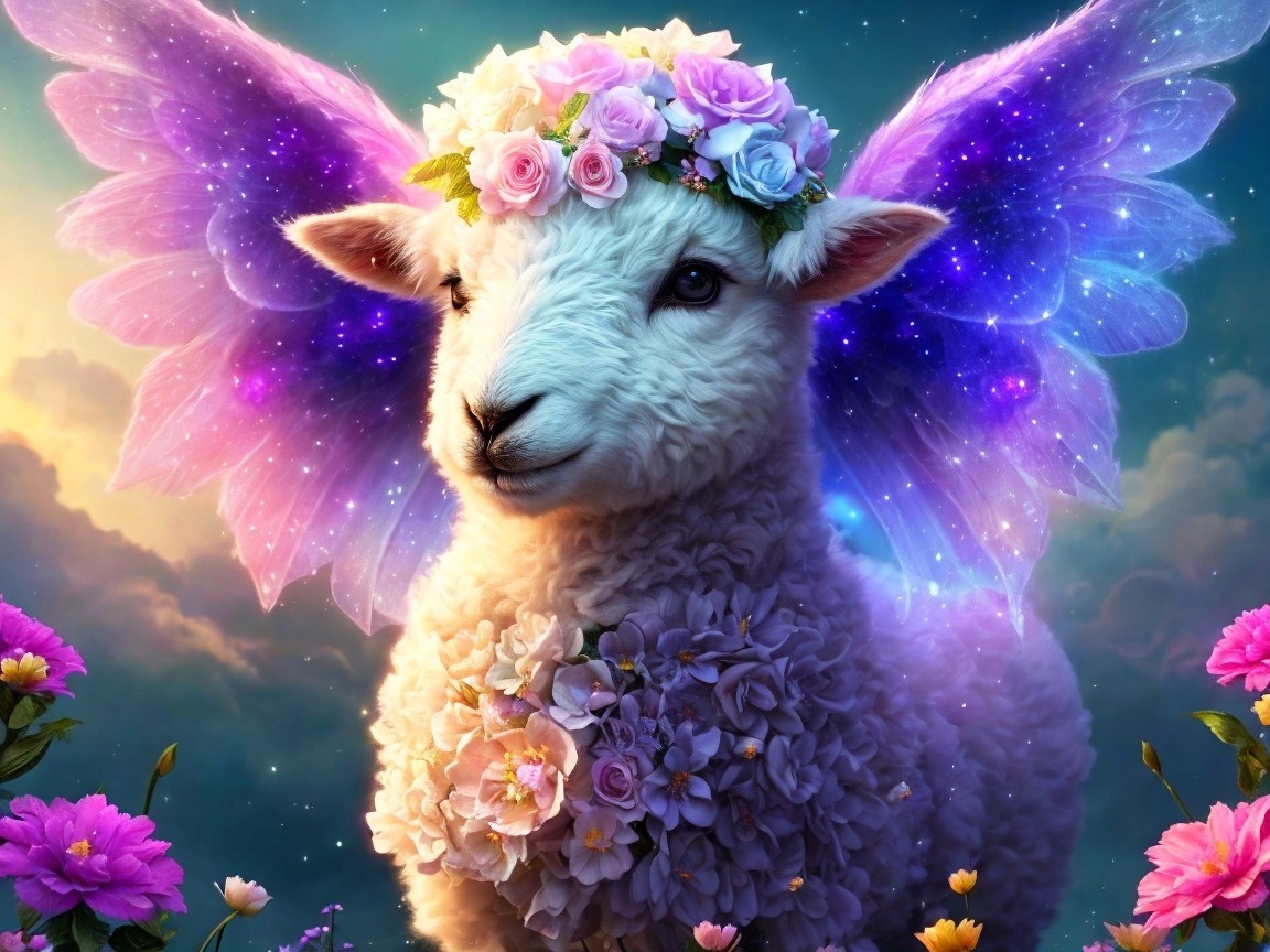 Whimsical Illustration of a Flower-Crowned Sheep
