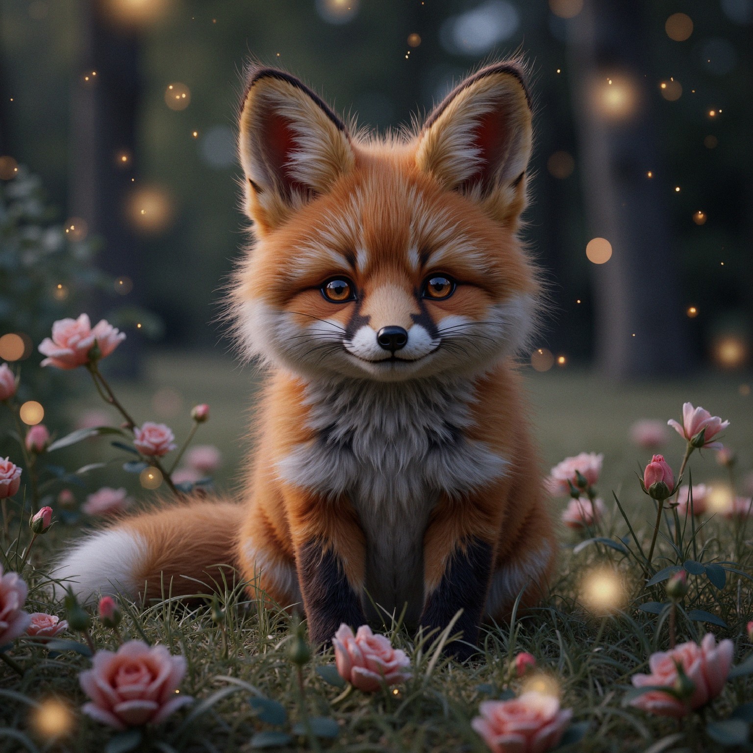 Fox Among Pink Roses in a Magical Setting