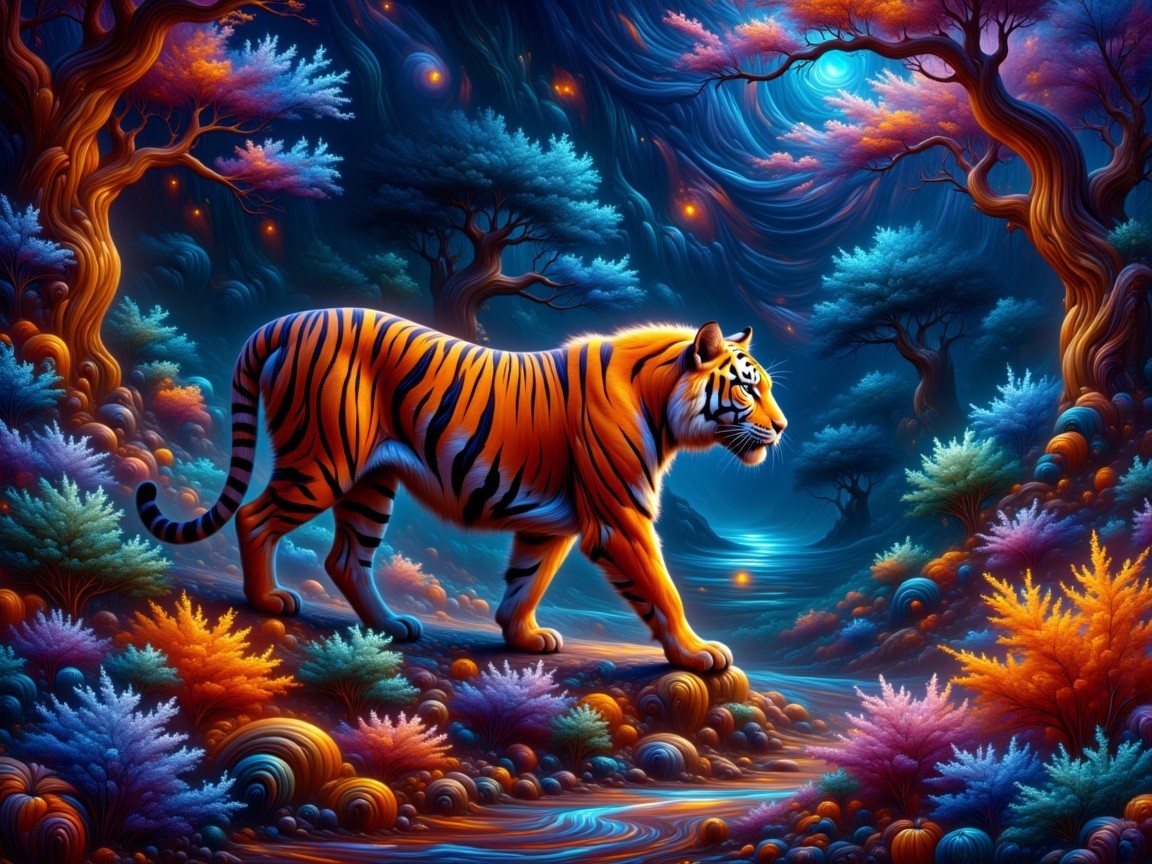 Majestic tiger in a vibrant, mystical forest scene