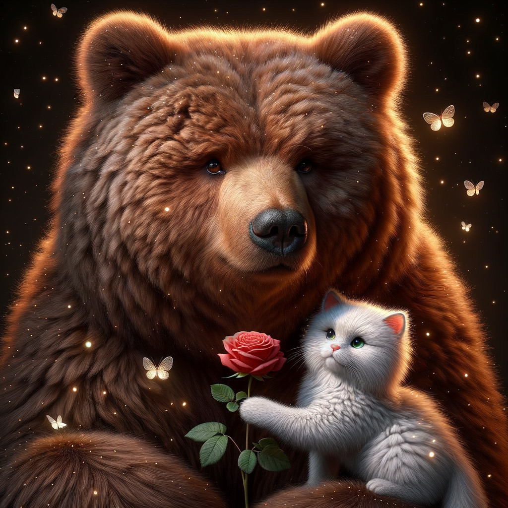 Fluffy Brown Bear with Butterflies and Cat Scene