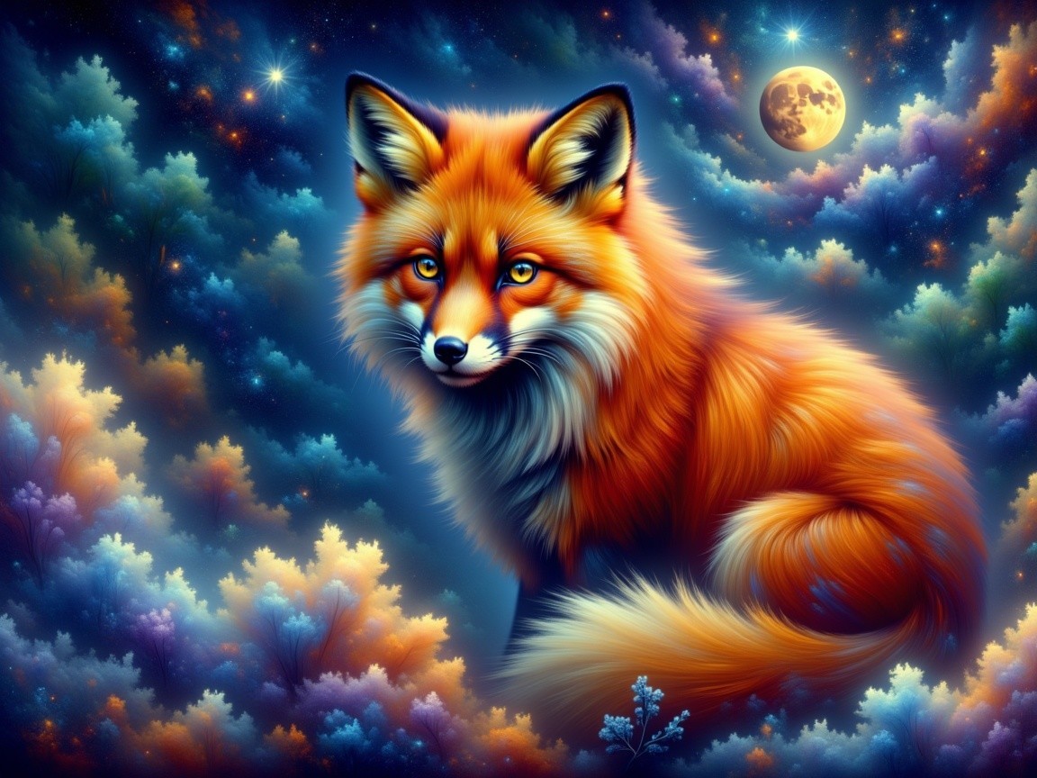Vibrant Fox in Dreamlike Night Landscape with Moon