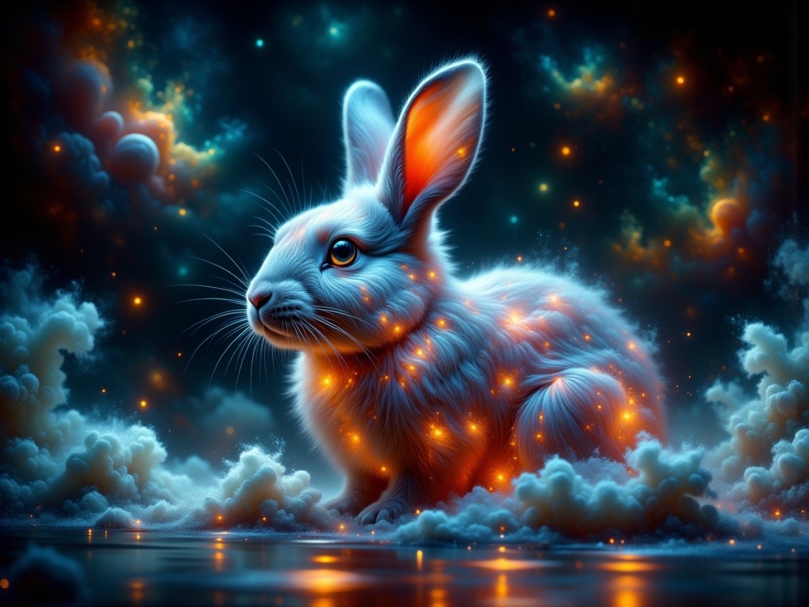 Mystical White Rabbit Surrounded by Ethereal Clouds