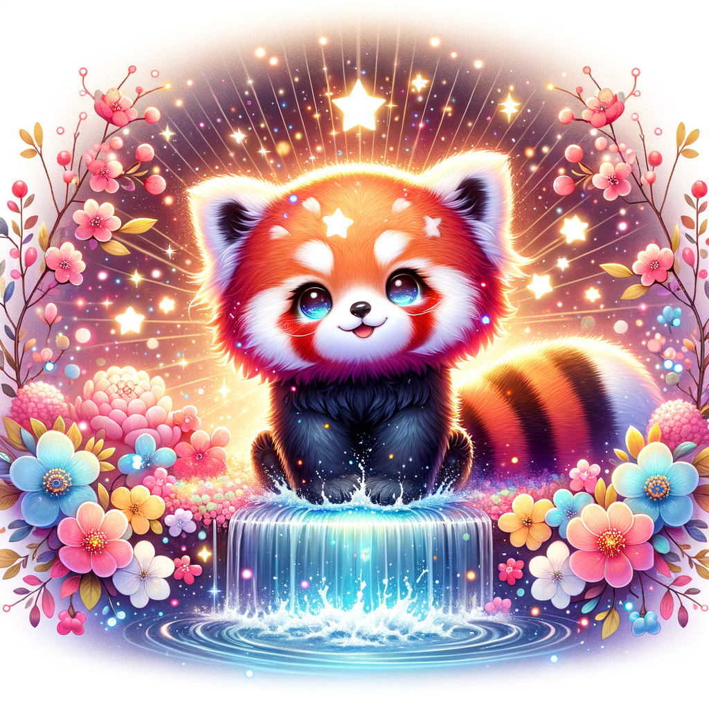 Red panda by waterfall with flowers and stars