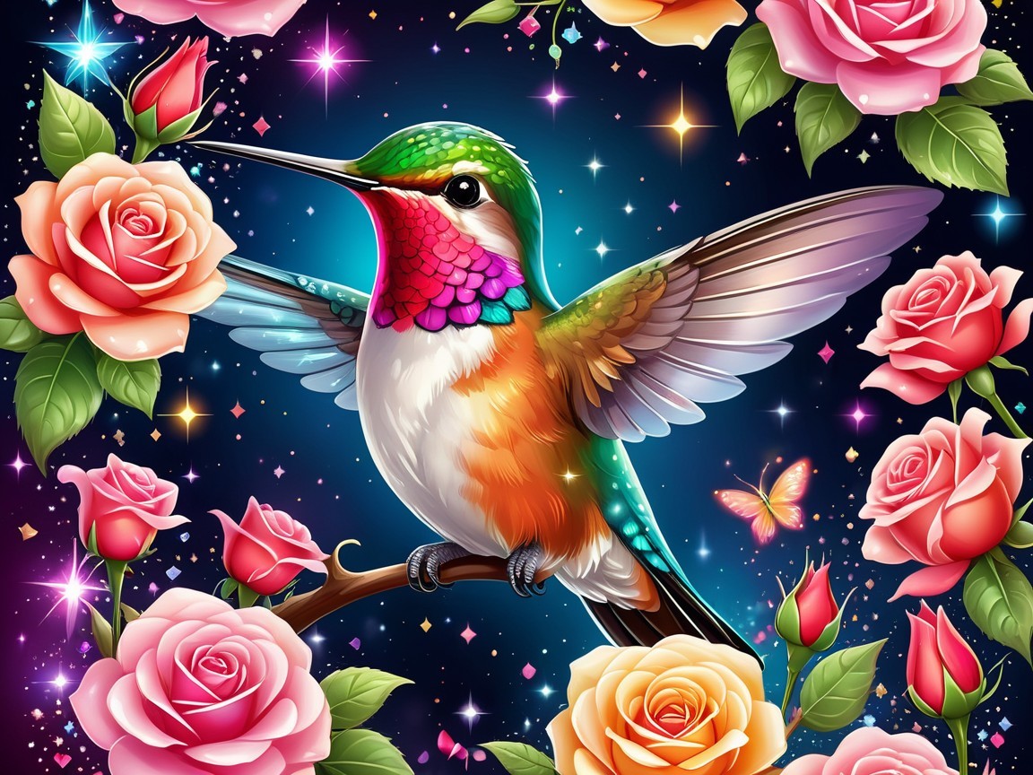 Hummingbird Among Pink Roses in Starry Background