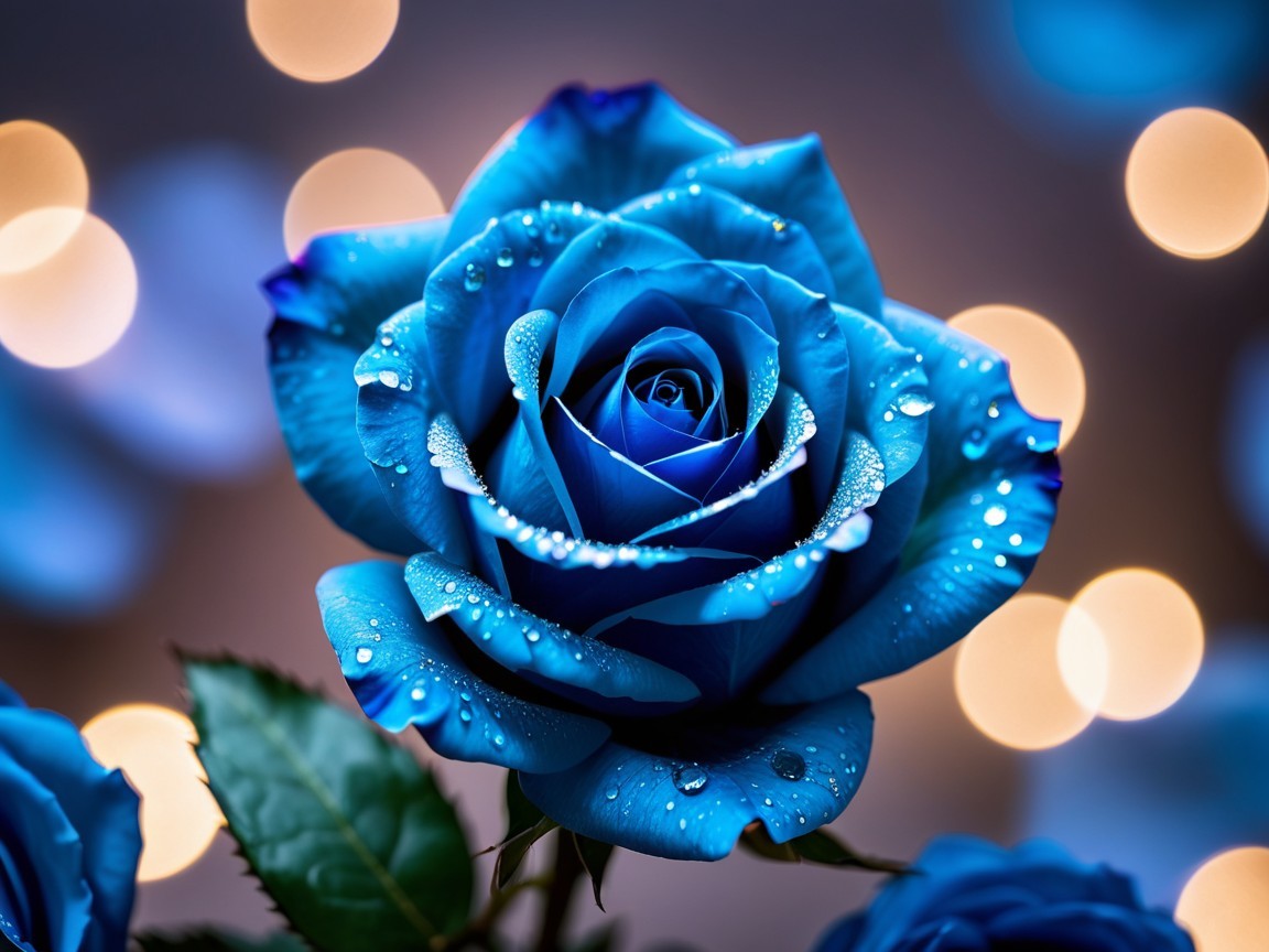 Blue Rose with Water Drops and Blurred Bokeh Background
