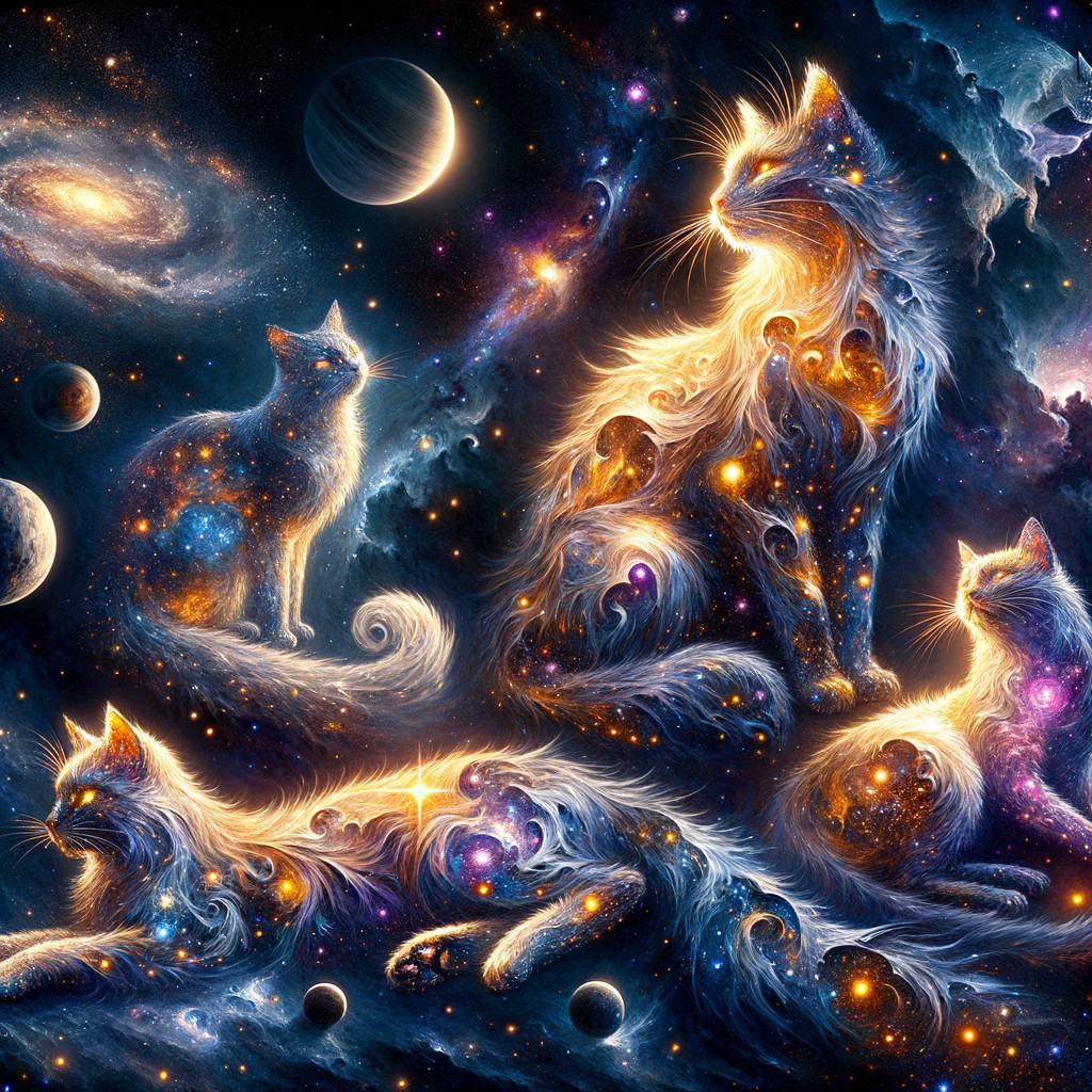 Cosmic Scene of Cats Among Galaxies and Nebulas