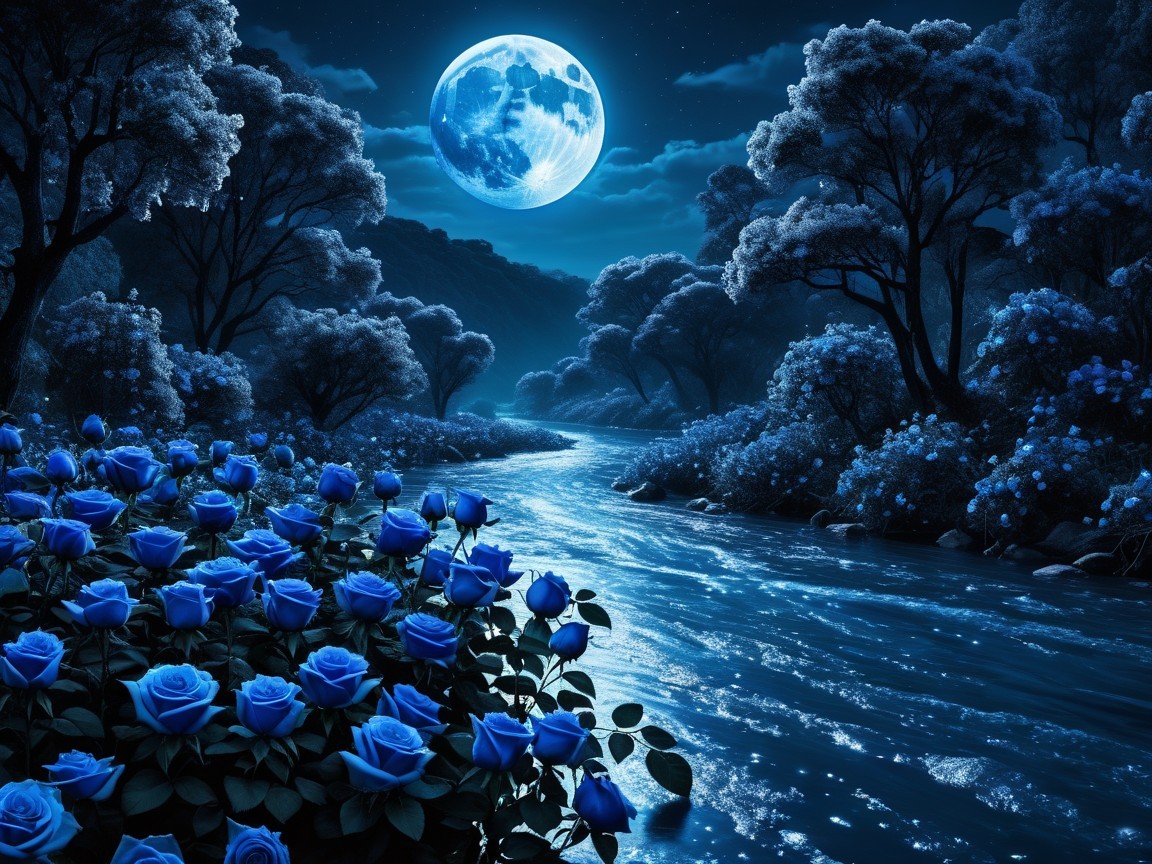Moonlit River Scene with Lush Trees and Blue Roses