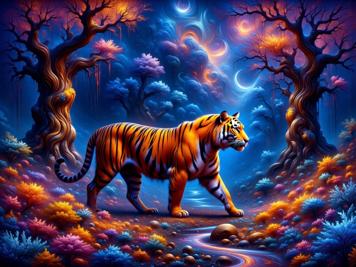 Majestic tiger in a vibrant, surreal landscape