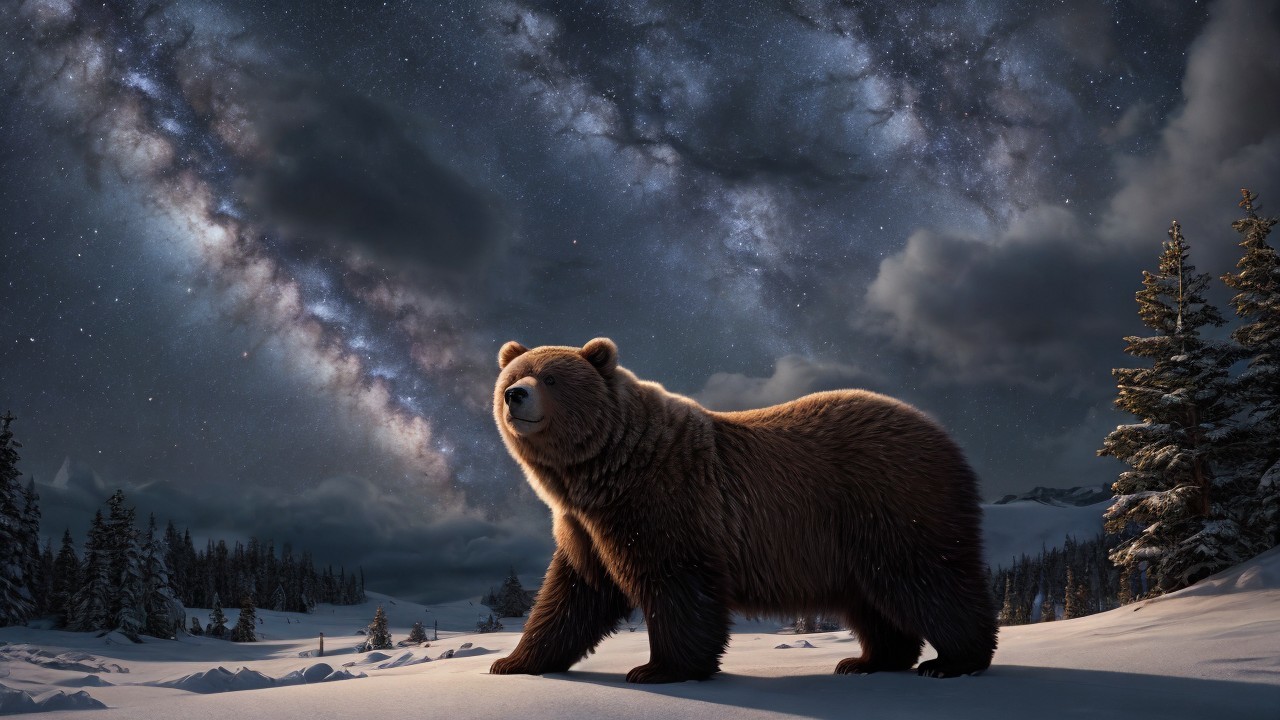 Majestic Bear in Snowy Landscape Under Starry Sky