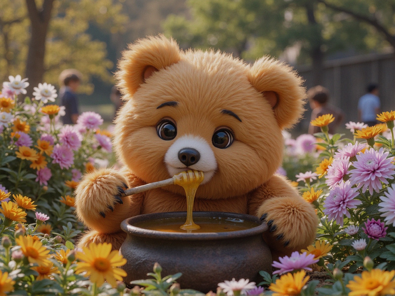 Fluffy bear character enjoying honey in a flower garden