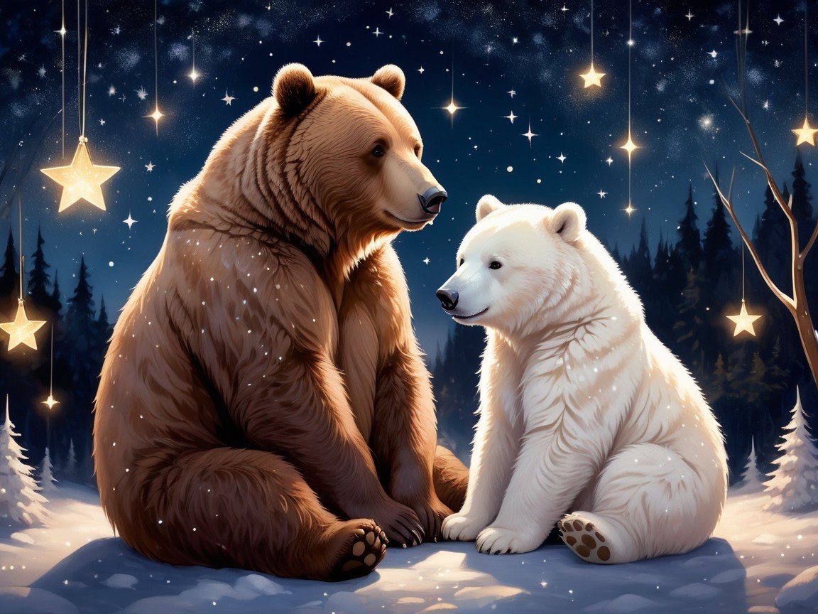Winter Landscape with Brown and Polar Bear Cubs