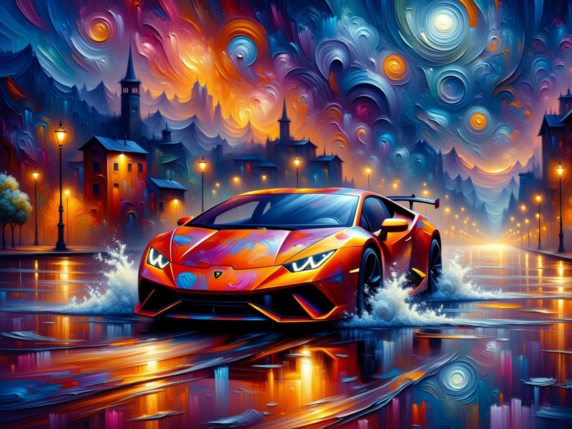 Vibrant Expressionist Night Scene with Lamborghini and City