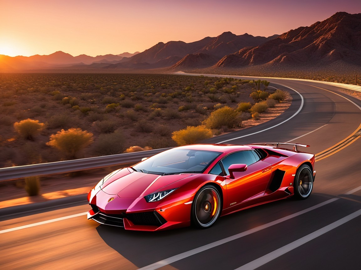 Red Lamborghini on Winding Road at Sunset