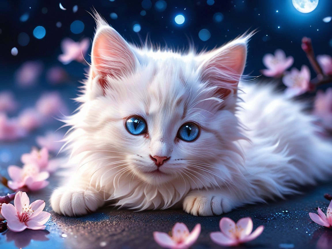 Fluffy White Kitten Among Pink Cherry Blossoms