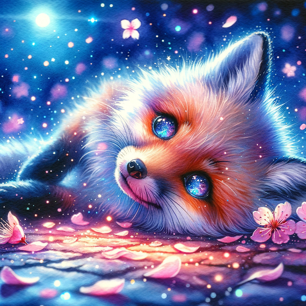 Whimsical fox on pink petals under a starry sky