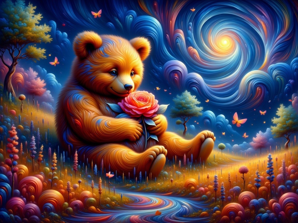 Fluffy Bear in Colorful Whimsical Landscape Scene