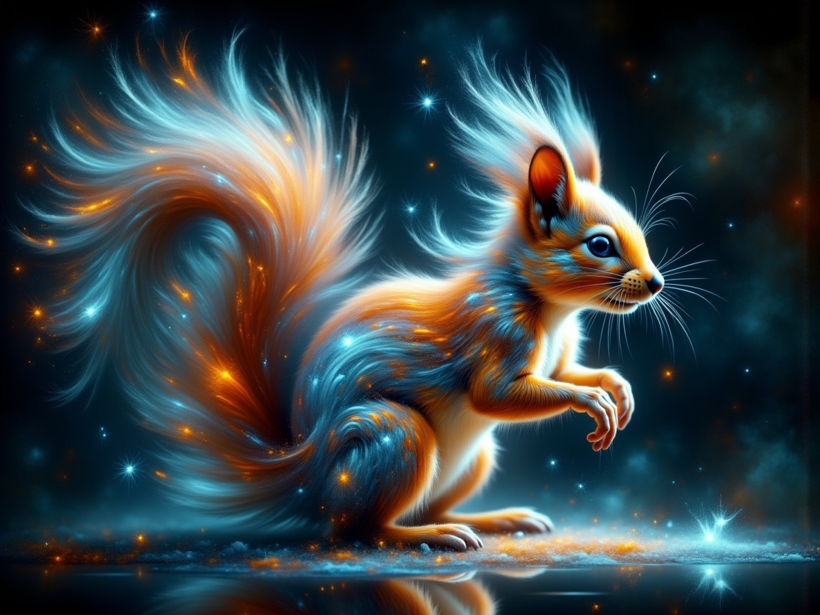 Whimsical Squirrel with Vibrant Fur in Cosmic Setting