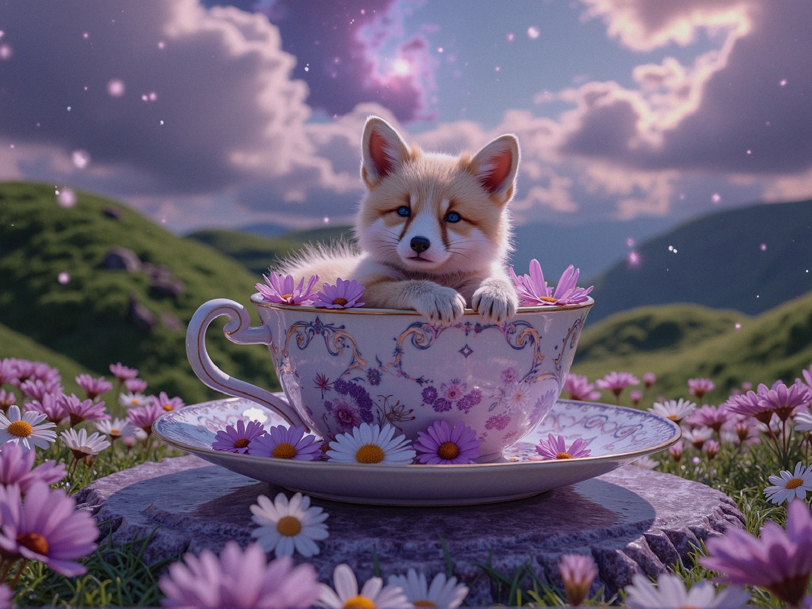 Fluffy Fox in Teacup Surrounded by Flowers and Sky