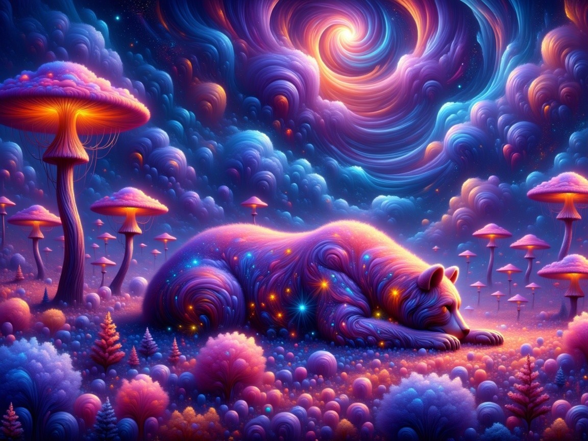 Vibrant Dreamy Landscape with Colorful Cat and Mushrooms