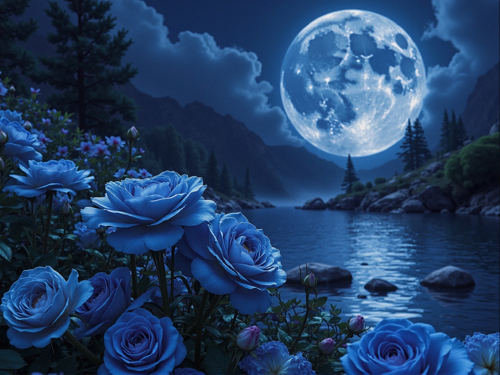 Tranquil Night Landscape with Moonlit Lake and Roses