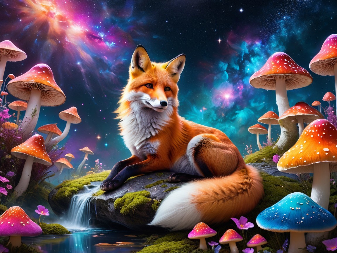 Majestic fox in a surreal cosmic landscape