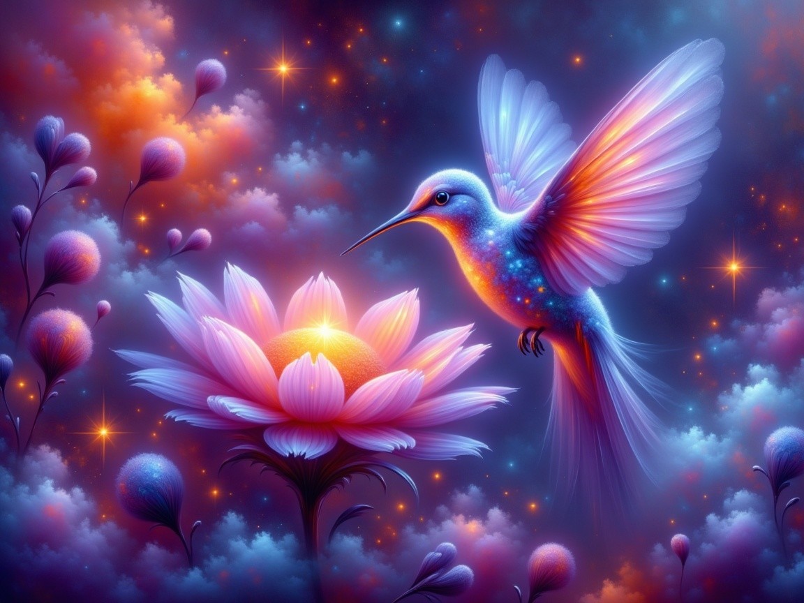 Vibrant Hummingbird and Luminous Flower in Dreamlike Scene