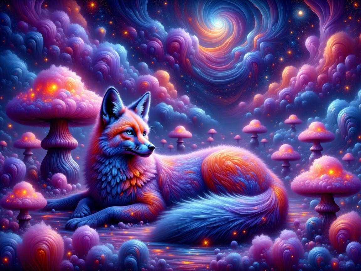 Colorful fox in a surreal mushroom landscape